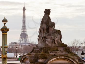 statue Marseille, column on place de la Concorde and Eiffel Tower in Paris