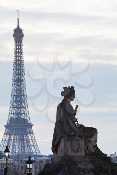 statue Marseille on place de la Concorde and Eiffel Tower in Paris