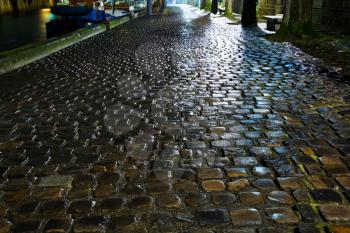 wet cobblestone pavement quay in Paris at night