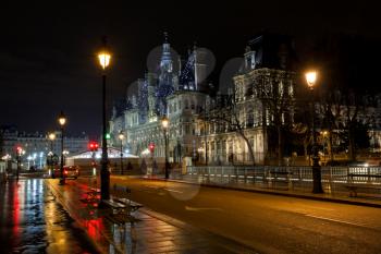 view of City Hall in Paris, France at rainy night
