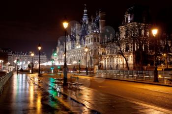 view of Hotel de Ville (City Hall) in Paris, France at night