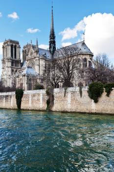 panorama with cathedral Notre-Dame de Paris and Seine River in spring