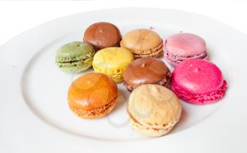 Sweet french Macaroons on white plate close up