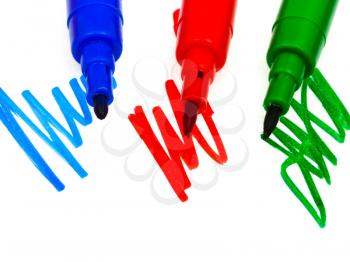 tips of blue, green, red felt pens close up