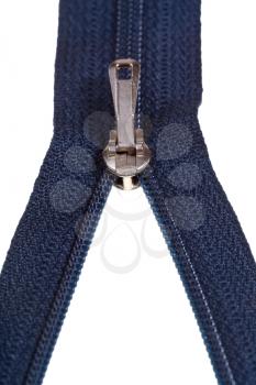 slider on blue zip fastener close up isolated on white background