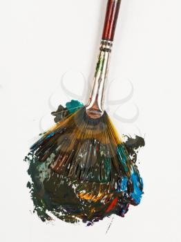 artistic fan paintbrush merges multicolored watercolor paints close up