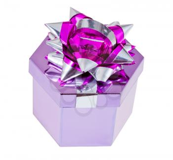 shiny pink foil gift box with tinsel knot isolated on white background
