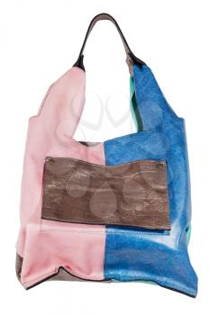combined pink and blue leather handbag with brown pocket isolated on white background