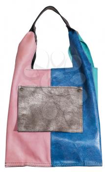handmade pink and blue leather handbag with brown pocket isolated on white background