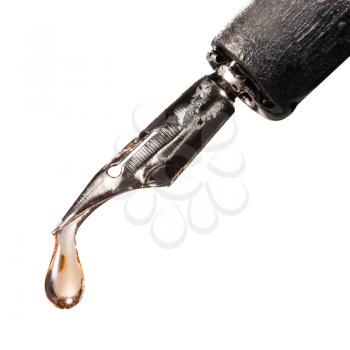 macro view of drop of transparent fluid on tip of pen isolated on white background