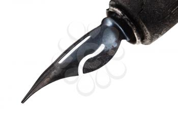 black sharp nib of drawing pen close up isolated on white background
