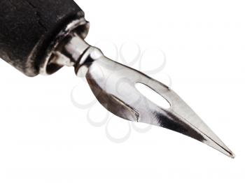 pointed nib of ink pen close up isolated on white background