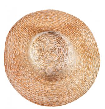 top view of simple rural straw broad-brim hat isolated on white background