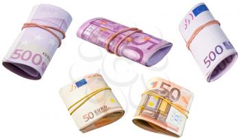 rolled into tube euro banknotes isolated on white background