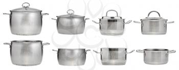 set of side view of stainless steel saucepans isolated on white background