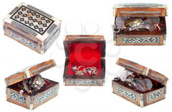 small ancient treasure wooden chest with jewel isolated on white background