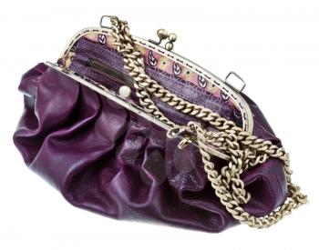 open dark cherry color leather retro style handbag isolated on white background