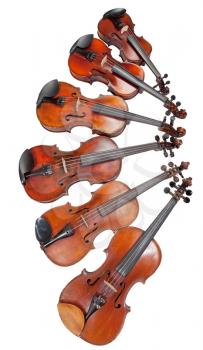 different sized fiddles isolated on white background