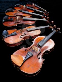 different sized fiddles with black background close up