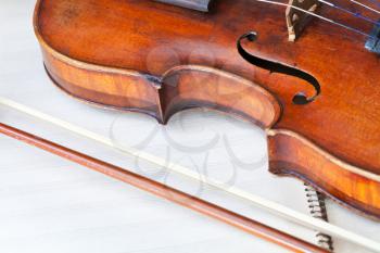 violin sounding board and bow on music book close up