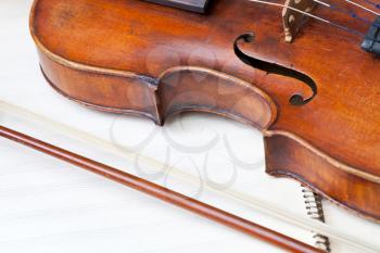 violin bout and bow on music book close up