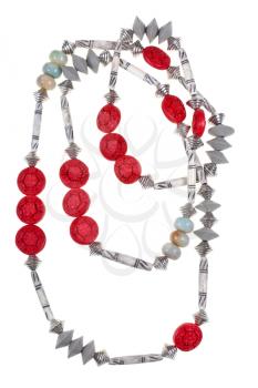 handmade woman necklace from red ceramic and bone isolated on white background
