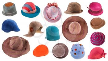 collection of felt ladies hats isolated on white background
