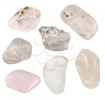 set of crystalline quartz minerals isolated on white background