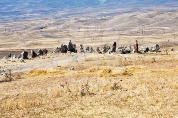 view of Zorats Karer (Carahunge) - pre-history megalithic monument in Armenia