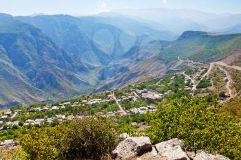 above view of village Halidzor in caucasus mountains in Armenia