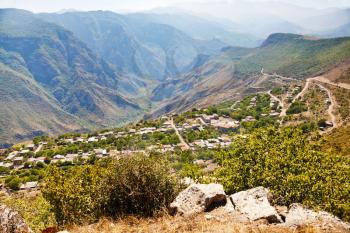 mountain valley with village Halidzor in caucasus mountains in Armenia