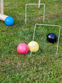 playing in game of croquet on green lawn in summer evening