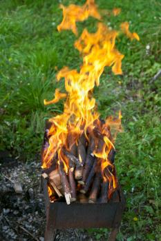 tongues of flame over burning wood in brazier
