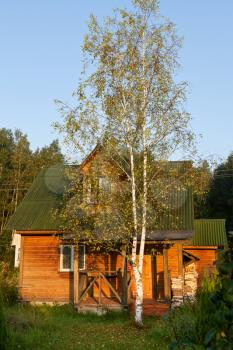 rural wooden house in early autumn morning