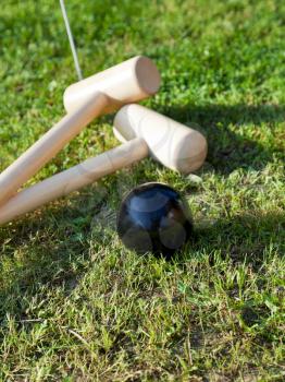 mallets and black ball in game of croquet on green lawn in summer day