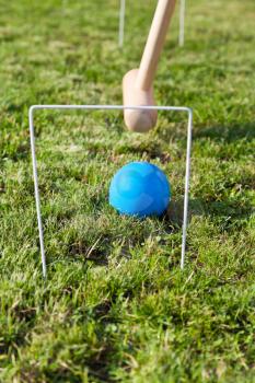 mallet and blue ball in game of croquet on green lawn in summer day