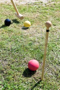 hitting of red ball in game of croquet on green lawn