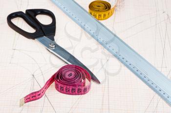 dress pattern at graph paper and tailors shears, ruler, measure tapes
