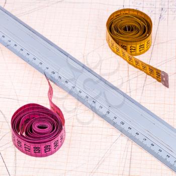 Pink and yellow measure tapes and metal ruler at graph paper
