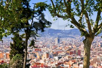 panorama of Barcelona city from Montjuic hill, Spain