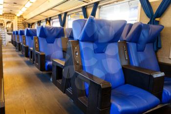 blue leather seats and interior of suburban train wagon
