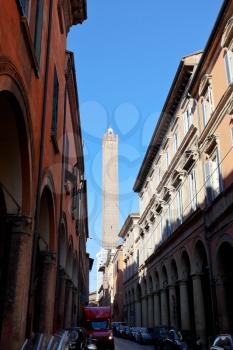 view on asinelli tower from via Santo Stefano in Bologna, Italy