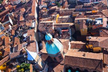 aerial bird eye view from Asinelli Tower on via San Vitale in Bologna, Italy