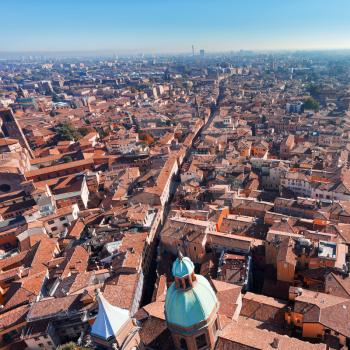 view from Asinelli Tower of via San Vitale in Bologna, Italy