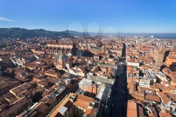 view from Asinelli Tower on Strada Maggiore in Bologna, Italy