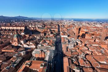 panoramic view of Strada Maggiore from Asinelli tower in Bologna, Italy
