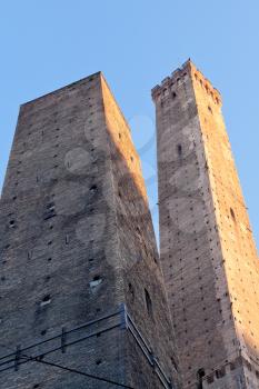 Due Torri (two tower) under blue sky in Bologna, Italy