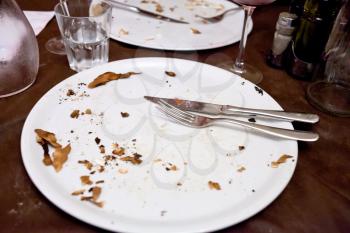 empty white plate in italian restaurant after pizza dinner