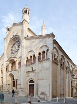 side view of facade of Modena Cathedral, Italy