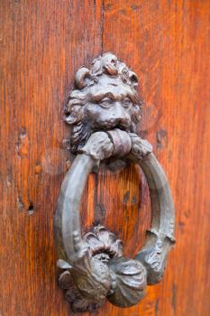 lion head shaped old bronze door handle in urban door